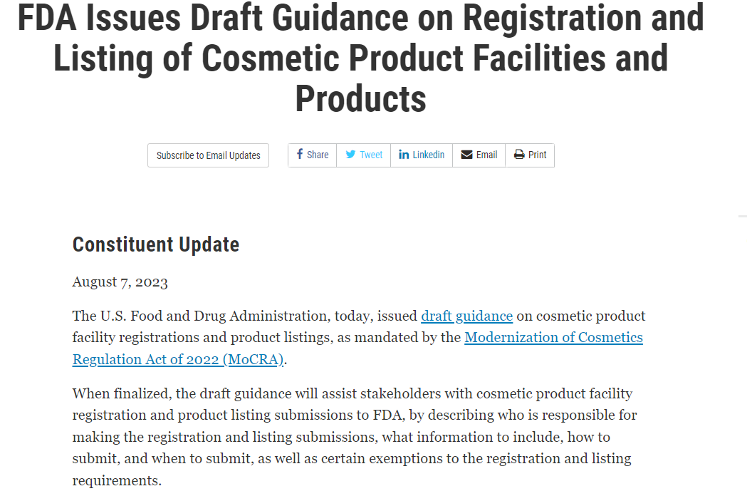 关于10月份美国FDA化妆品强制注册通知要求及注意事项