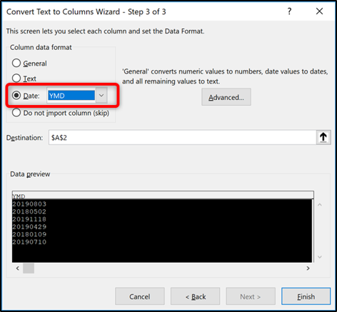 Text to Columns to convert 8 digit numbers to dates