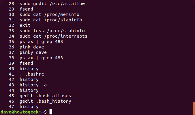 An example of output from the "history" command in a terminal window.