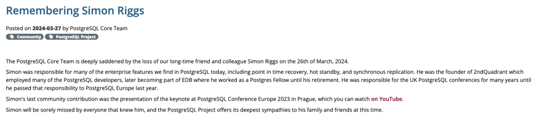 悼念postgresql重要贡献者simonriggs因坠机离世