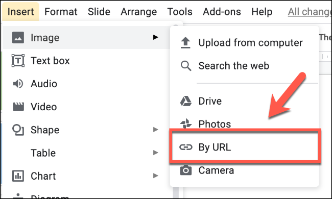 Click Insert > Image > By URL to insert an image by URL in Google Slides