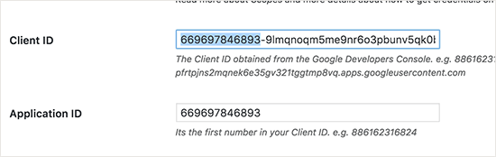 Entering client and app IDs in plugins settings