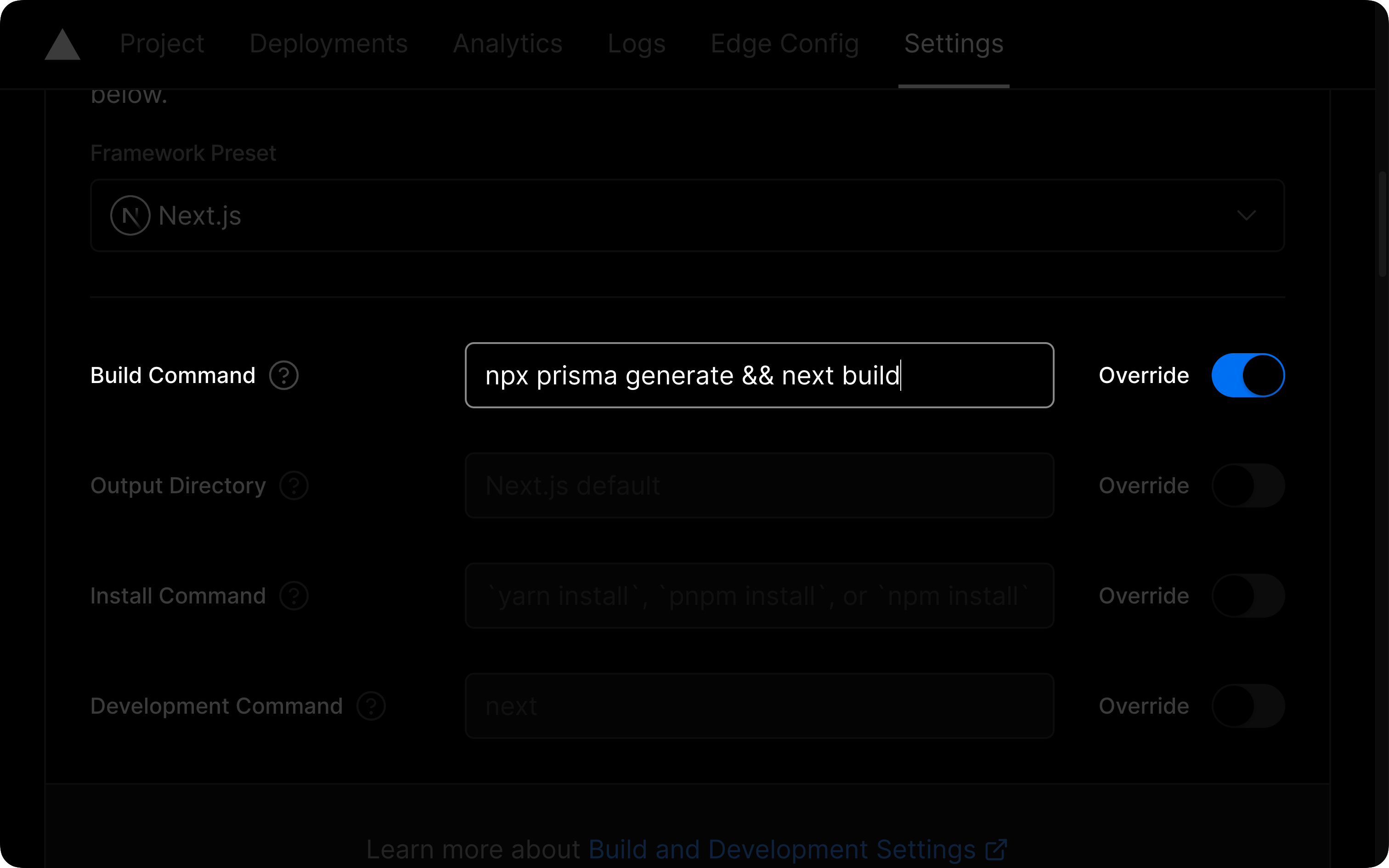 Vercel project dashboard's Build Command setting filled