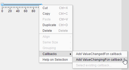 Context menu associated with a slider component. Under the Callbacks menu item, there are options to add a ValueChangedFcn callback or a ValueChangingFcn callback.