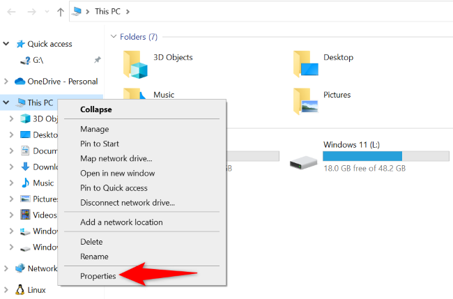 Right-click "This PC" and select "Properties."