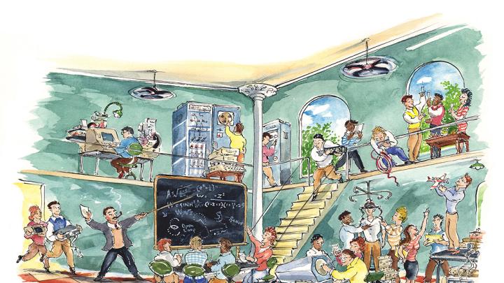 Illustration imagining the evolution of computer science at Harvard in a playful way