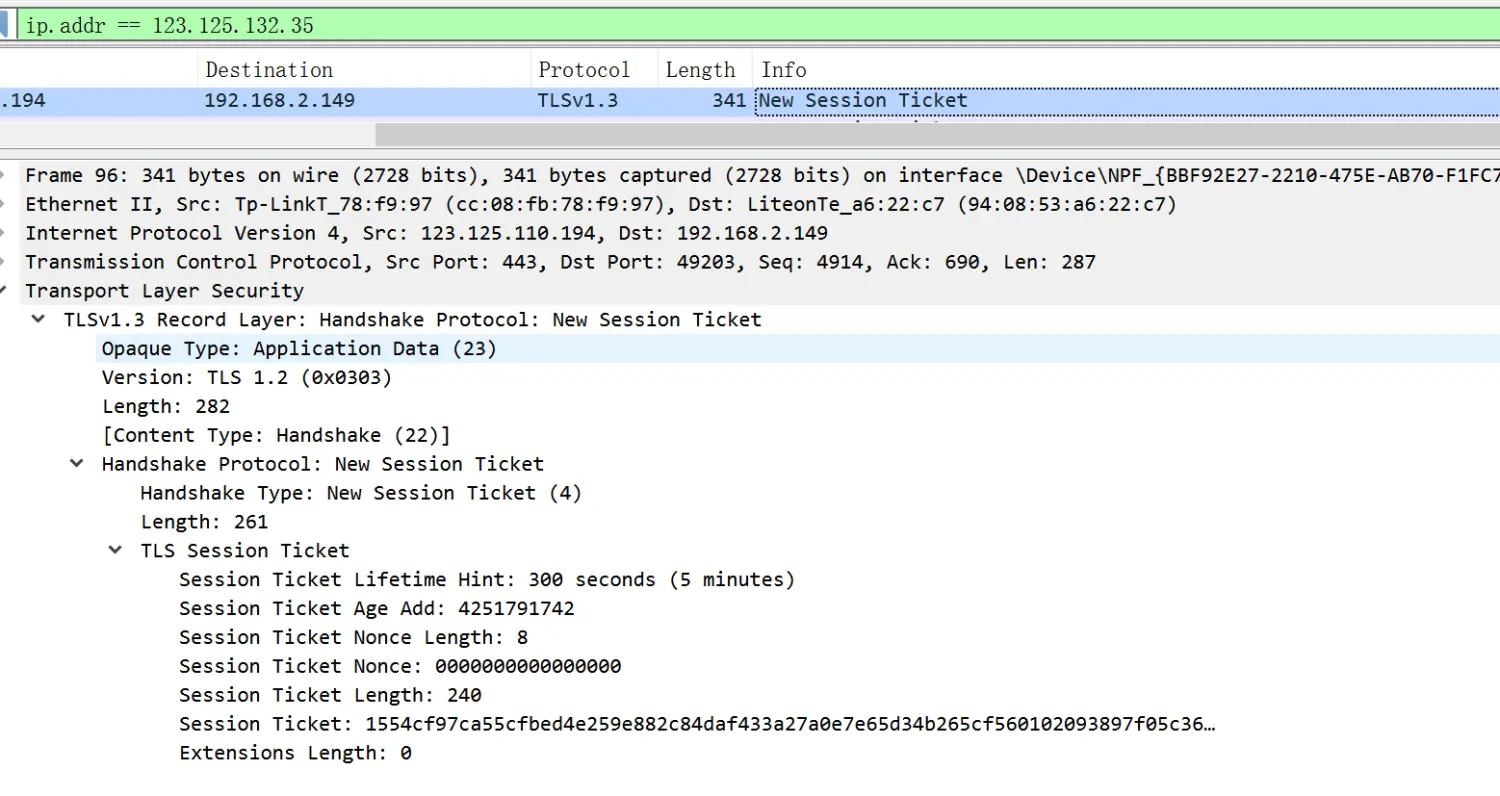 wires hark抓包的new session ticket