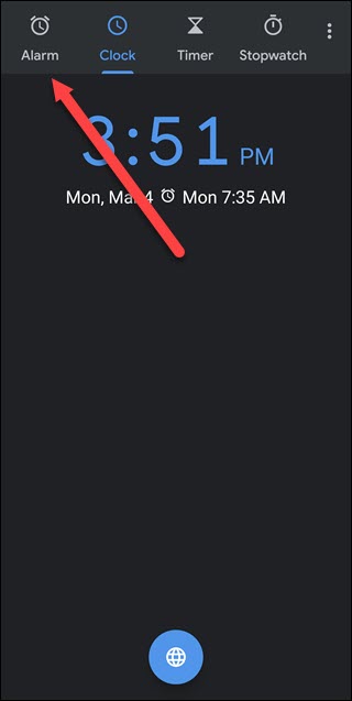 Google Clock app with arrow pointing to alarm option