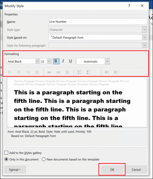 Edit the Line Number style formatting options, then click OK to save