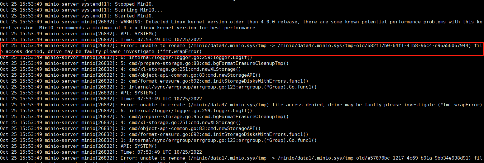 【Minio】解决“unable to rename (/minio/data4/.minio.sys/tmp ＞ /minio