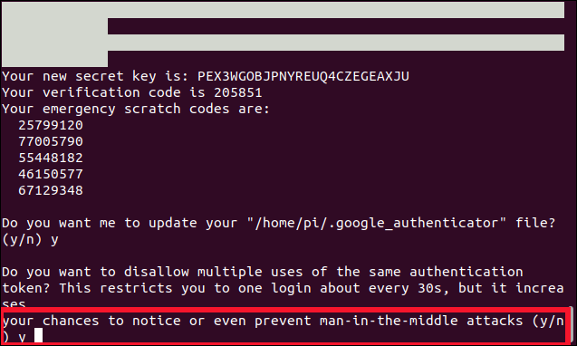 Do you want to disallow multiple uses of the same authentication token? (y/n) in a terminal window.