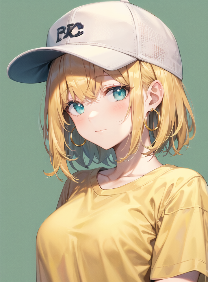 00018-4018636341-masterpiece, best quality, 1girl, aqua eyes, baseball cap, blonde hair, closed mouth, earrings, green background, hat, hoop earr