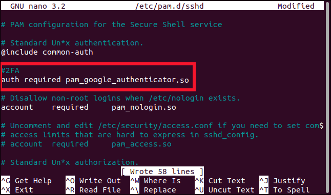 auth required pam_google_authenticator.so added to the sshd file in an editor, in a terminal window.