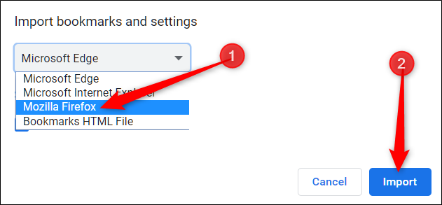Select a browser from the drop-down menu, then click Import