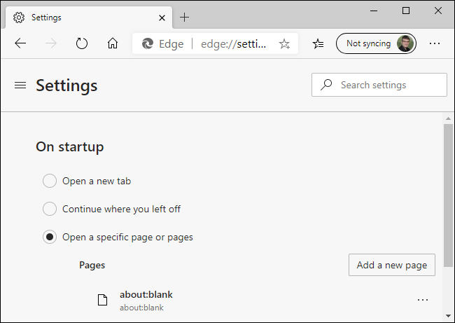 removing about:blank from the new microsoft edges startup pages