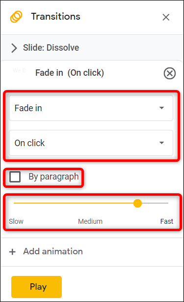 Choose the animation type, the trigger, and the speed it animates. Tick the box next to "By paragraph" to animate lists one line at a time.