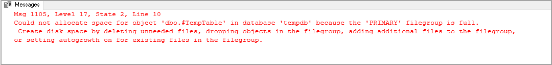 TempDB primary filegroup full message