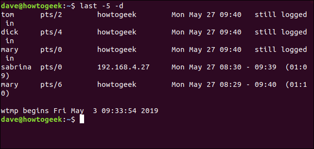 output from last -d in a terminal window