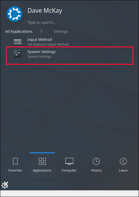 KDE Settings Menu