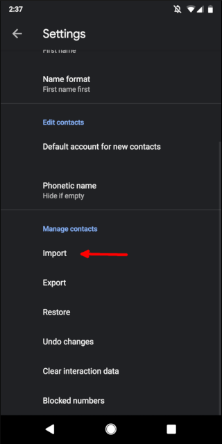 Android Contacts' settings menu