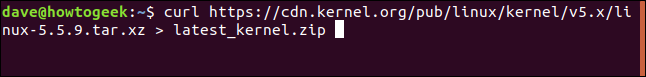 The "curl https://cdn.kernel.org/pub/linux/kernel/v5.x/linux-5.5.9.tar.xz > latest_kernel.zip" command in a terminal window.