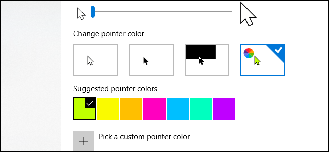 Windows 10 mouse pointer size and color options.