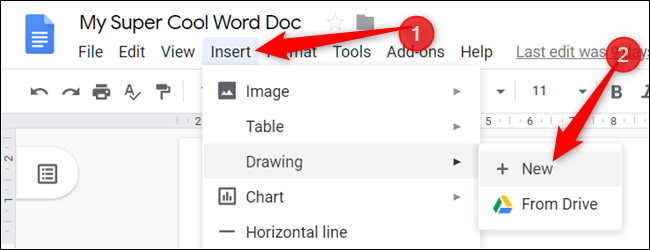 Click "Insert," select "Drawing," and then click "+ New."