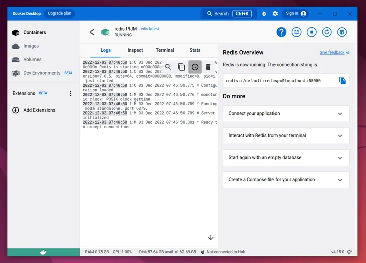 Redis-container-running-logs-docker-desktop