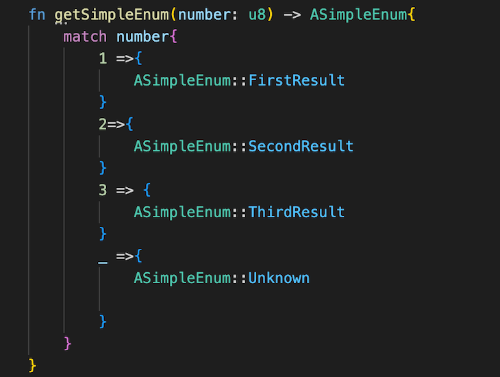 深色背景的 VS Code 终端显示四个自动生成的枚举匹配臂