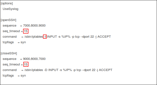 The knockd config file in the gedit editor with the edits highlighted.