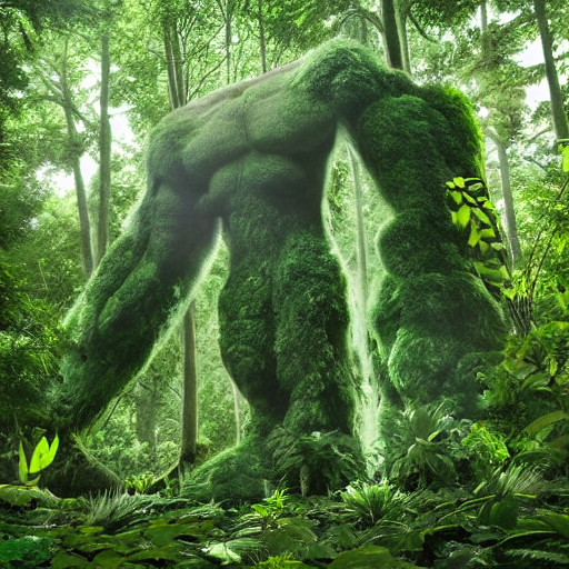 Stable Diffusion-generated image of a green giant in the forest based on LoRA output for the given prompt.