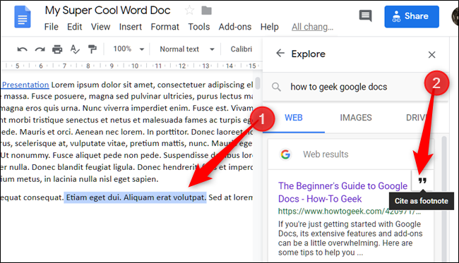 Highlight some text or place the cursor where you want to cite something, and then click the quotations icon that appears when hovering over a link.