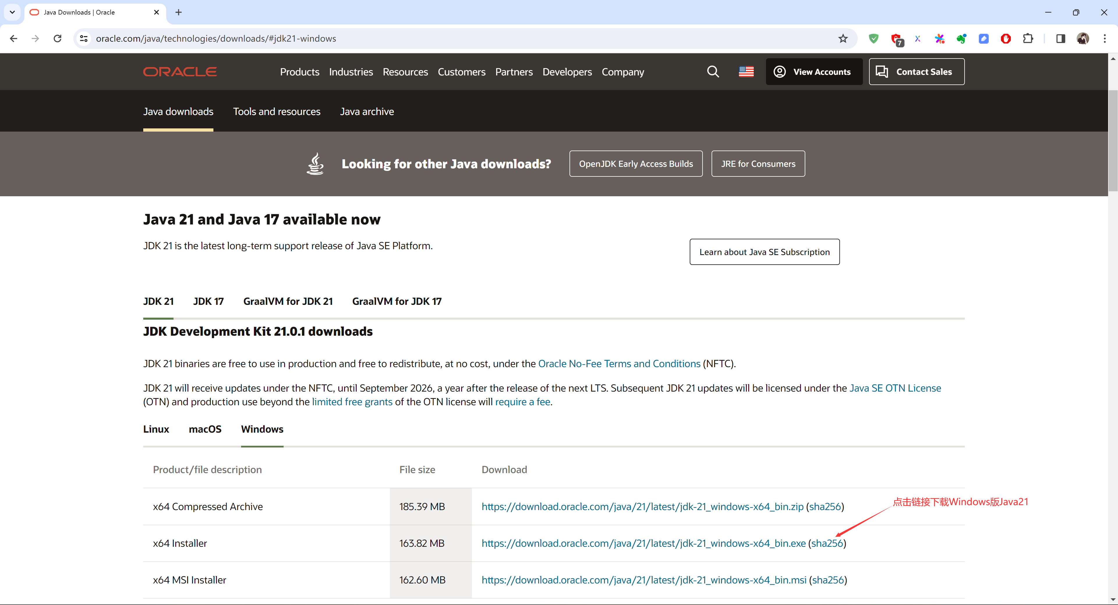 下载Windows版 JDK21 x64 Installer