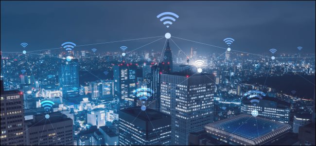 A cityscape with Wi-Fi icons.