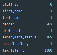 Image showing the console output after calling Pandas built-in .isnull().sum() function.