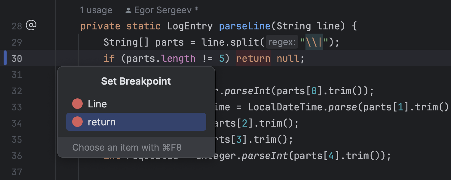 Inline breakpoint on return statement