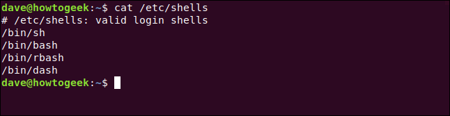 cat /etc/shells in a terminal window.