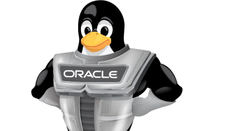 Linux Tux 插图 - 一只企鹅，穿着印有 Oracle 的盔甲