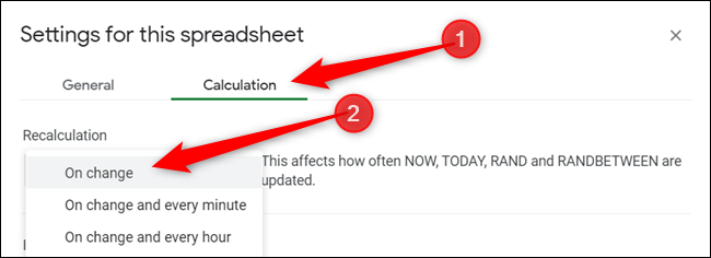 Change the recalculation interval from File > Spreadsheet settings, click on "Calculation," and then choose the interval from the dropdown menu under "Recalculate."