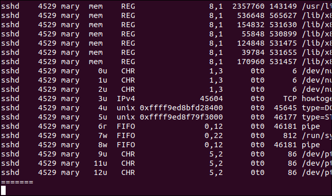 lsof output in a terminal window