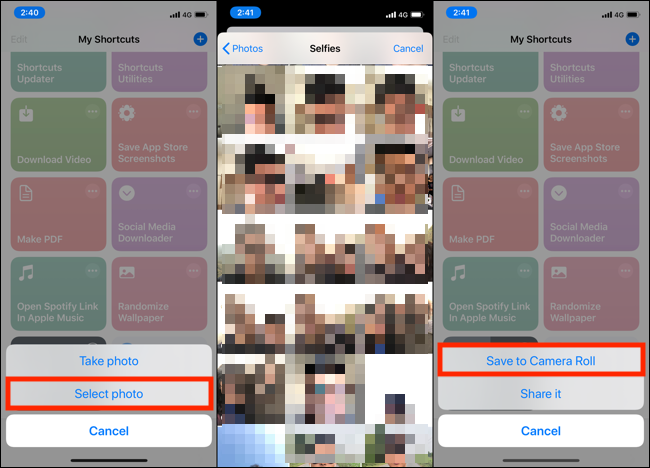 After running the shortcut choose the photo and then save it to your camera roll