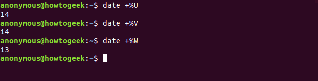 Output of the date command with U V W options