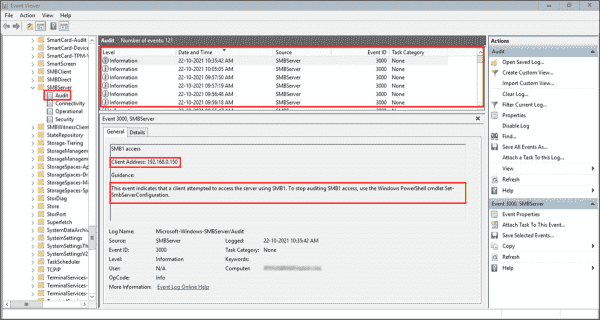 Checking the SMB 1.0 access audit logs in the Event Viewer