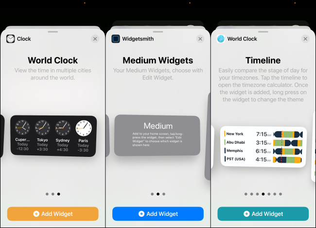 Medium-size widget previews in "World Clock," "Widgetsmith," and "World Clock."