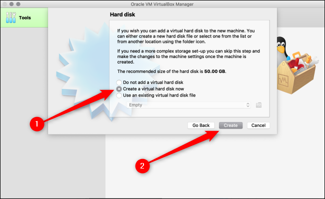 Select "Create a Virtual Hard Disk Now," and then click "Create."