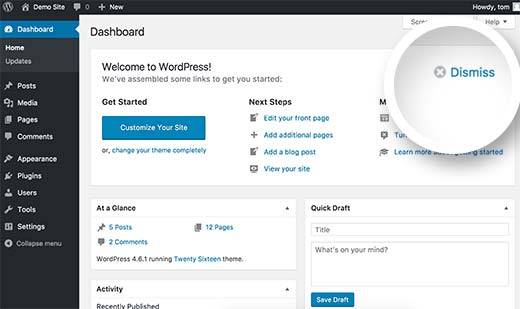 Dismiss welcome panel in WordPress dashboard