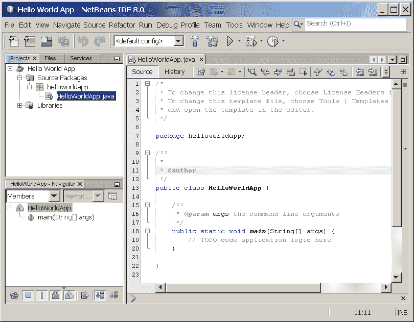 打开 HelloWorldApp 项目的 NetBeans IDE。