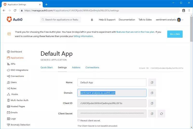 Auth0 管理门户中的 Default App