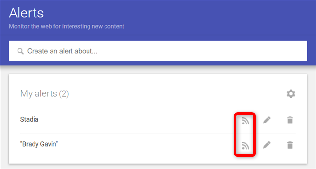 An RSS feed icon will appear next to the alert you created.