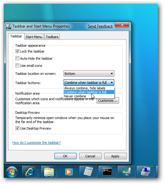 Windows 7 Taskbar Properties